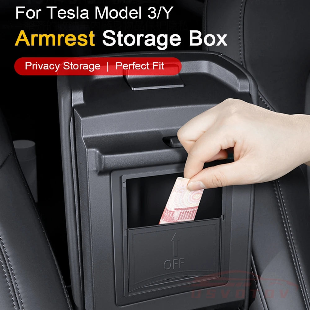 USVOTOV Armrest Hidden Storage Box For Tesla Model Y Center Console Organizer Tray 2024 2023 2022 Car Interior Accessories