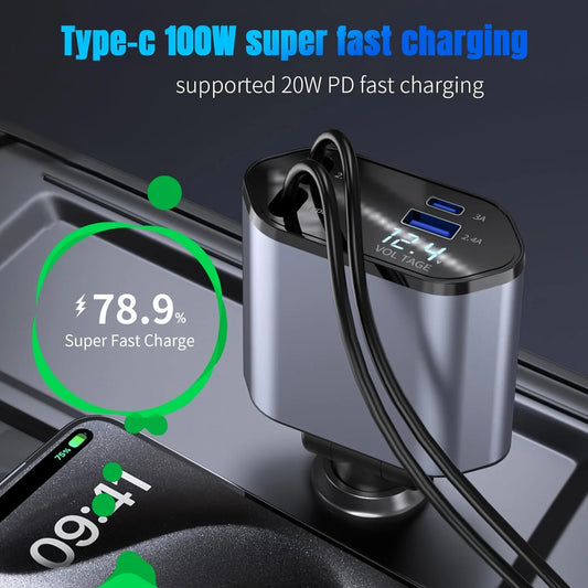 Car Charger Fast Charging Car Cigarette Lighter Adapter With Dual Expansion Cable And Dual Port For Car With Voltage Display